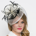 Ivory Fascinator - Ivory & Black Fascinator Hat Headband w/Ribbon Waves a Black Birdcage Veil